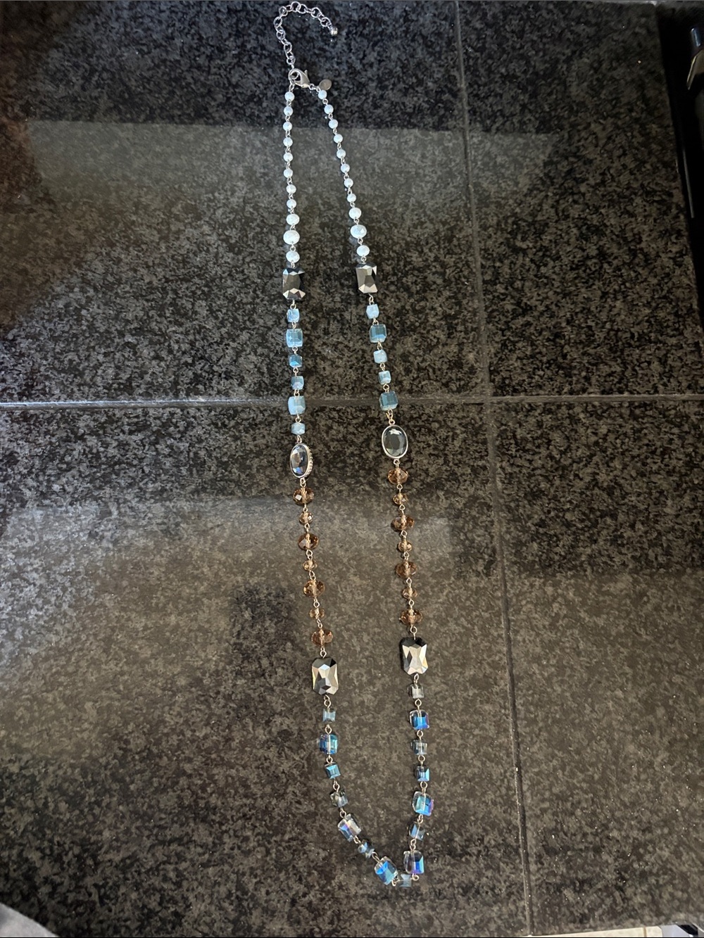 Chico's Blue Crystal & Smoky Quartz Long Station Necklace Silver Tone RETIRED